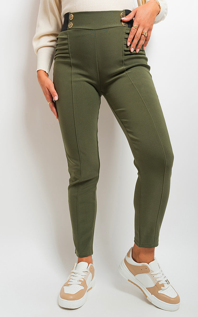 Elastic Waist Button Detail Leggings-0
